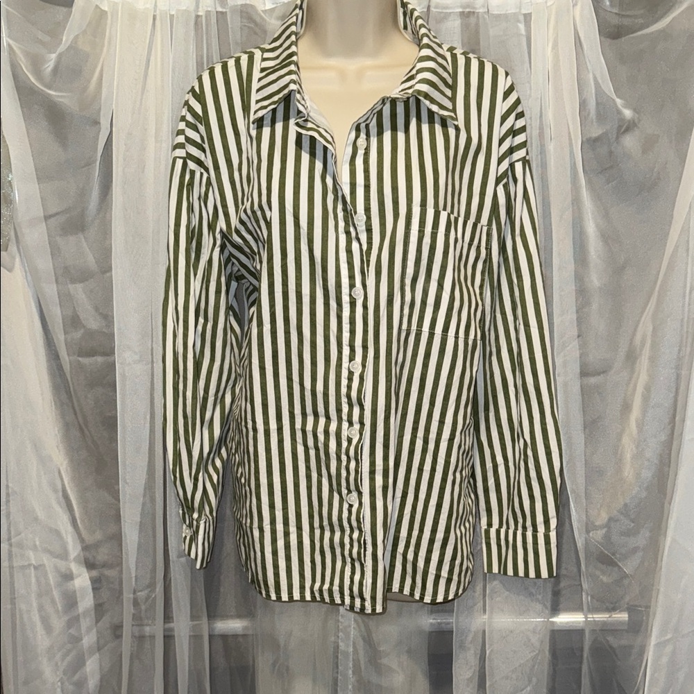 Green and White Striped Button-Up Shirt